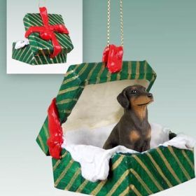 Doberman - Red - Uncropped - Green Gift Box Ornament