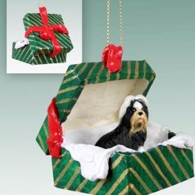 Shih Tzu - Black and White - Green Gift Box Ornament