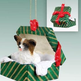 Papillon - Brown and White - Green Gift Box Ornament