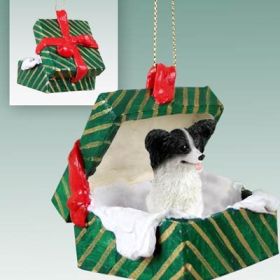 Papillon - Black and White - Green Gift Box Ornament
