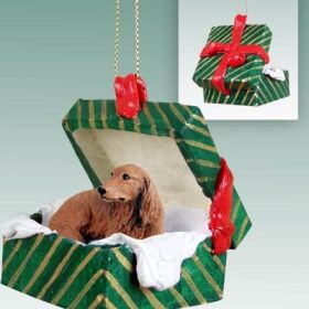 Dachshund - Longhair - Red - Green Gift Box Ornament