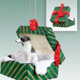 Whippet - Gray and White - Green Gift Box Ornament