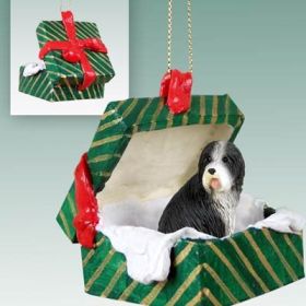 Bearded Collie Green Gift Box Ornament