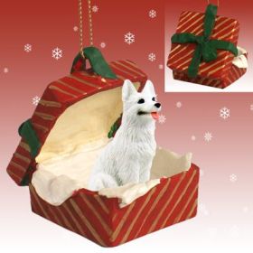 German Shepherd - White - Red Gift Box Ornament