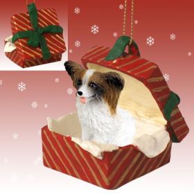 Papillon - Brown and White - Red Gift Box Ornament